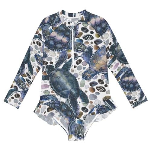 Ollabaky Baby Girls Long Sleeve Swimsuit Sea Turtle Watercolor Sea Animal One Piece Bathing Suit Rash Guard UPF50+ Toddler Girl Swimwear, 5-6T