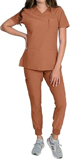 Medgear Fleur Women's Stretch Scrub Set with Zip Chest Pocket Top and Knit Rib Cuffs Jogger Pants