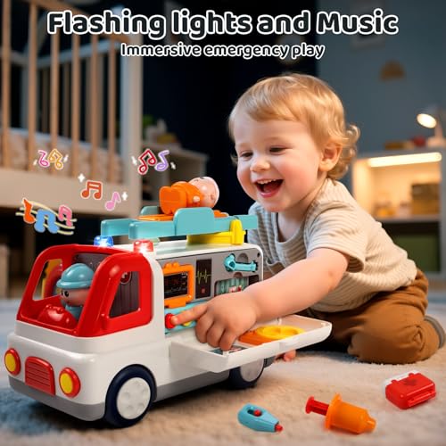 Spielzeug ab 2 Jahre, Krankenwagen Spielzeug ab 3 Jahre mit Licht Ton, Montessori Krankenwagen mit Arzt Zubehör Figuren, Viele Funktionen Lernspielzeug Fahrzeuge, Geschenke für Jungen Mädchen
