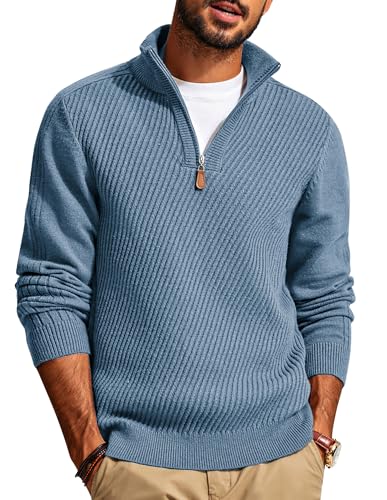 Image of PJ PAUL JONES Mens Sweater Pullover Slim Fit Quarter Zip Pullover Sweater Texture Knit Sweater Blue Gray