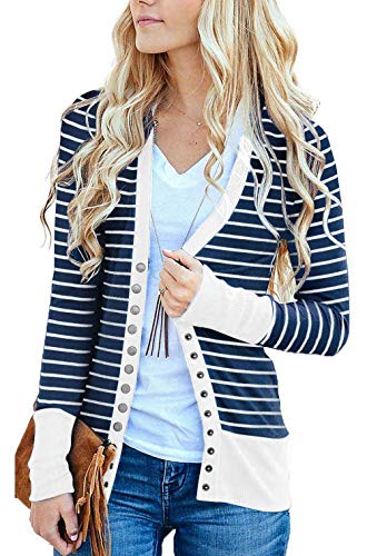 RichCoco Women's Striped Snap Button Down Open Front Long Sleeve Contrast Color Casual Cardigans Sweaters (White, XXL)