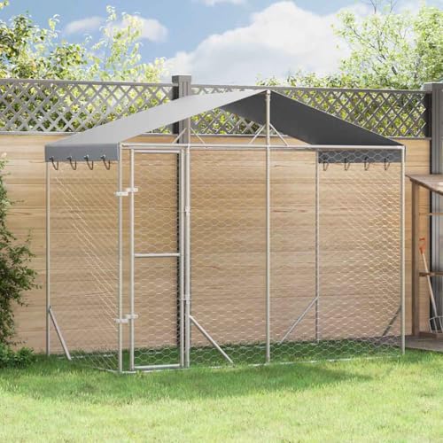 vidaXL Outdoor Hundezwinger mit Dach, Hundehütte mit abschließbarer Tür, Hundekäfig für den Außenbereich, Hühnerstall Hundezaun Hundeauslauf, Silbern Verzinkter Stahl