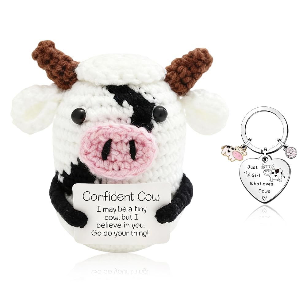 Vexthorion Positive Cow With Funny Cows Keyring,Emotional Support Crochet Cow,Handmade Knitted Cow Animal Doll,Good Luck Gifts With Cards Christmas Birthday Gift For Women Men Family Coworker Friends