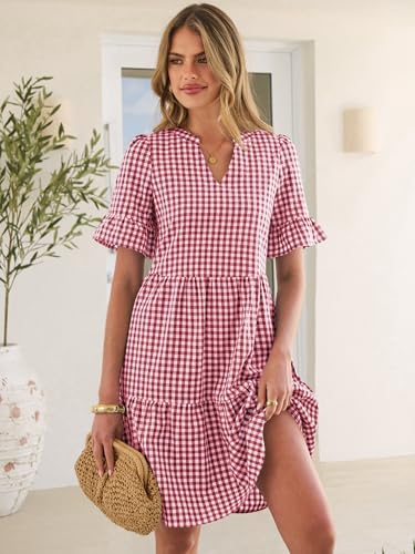 Image of Caracilia Dresses for Women Summer 2026 Striped V Neck Ruffle Sleeve A Line Tiered Flowy Casual Mini Beach Dress with Pockets