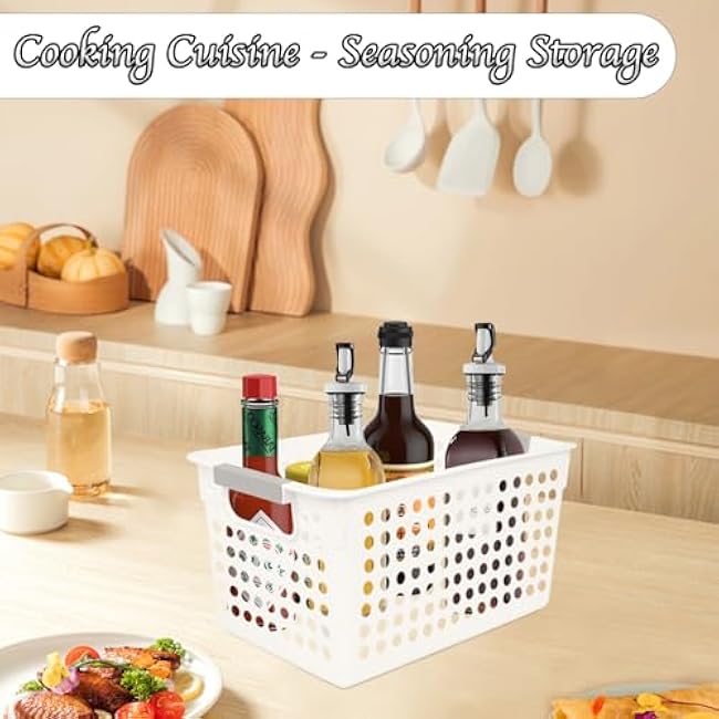 Plastic Storage Baskets, 4 Pack Narrow Organizing Baskets White Storage Bins With Handles Kitchen Storage Containers, Plastic Organizing Bins For Desk Garage Cabinet, 10.62 x 7.08 x 5.51 Inch