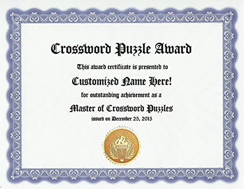 Crossword Puzzle Award: Personalized Custom Crosswords Award Certificate (Funny Customized Present Joke Gift - Unique Novelty Item)
