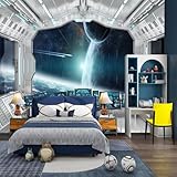 FLFK 3D Spaceship Peel and Stick Wall Murals 141.7'x98.4'-Universe Outer Space Self-Adhesive Wallpaper Large Poster -Science Explore Station Painting Sticker for Kids Bedroom Decor