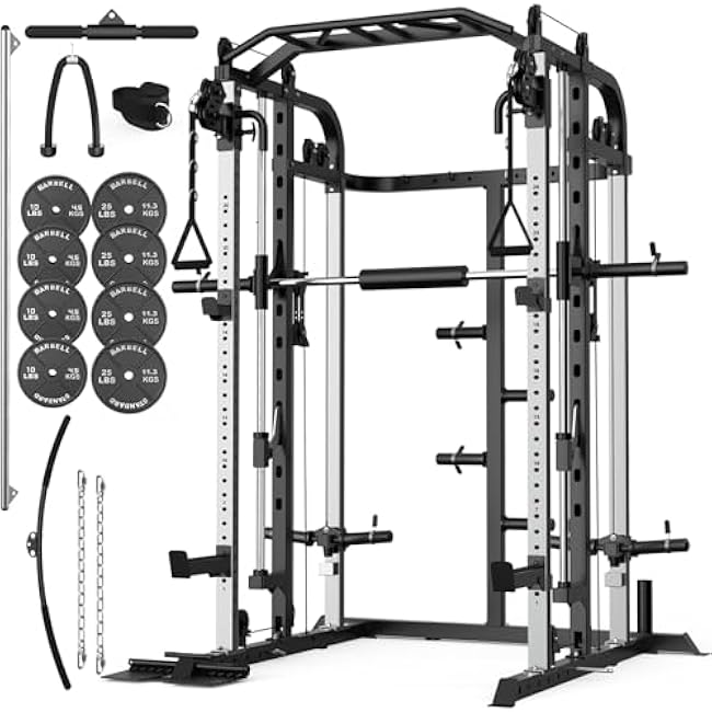Smith Machine, Multifunctional Power Cage Rack with Smith Bar and Cable Pulley System, and LAT Pull Down Machine for Home Gym¡