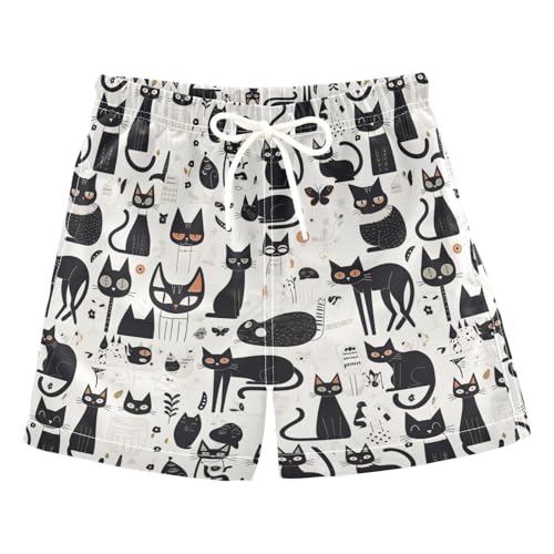 Boys Swim Trunks with Pockets and Quick Dry Fabric,Black White Cute Cat Kids Swimwear Boy Swimsuit 2T
