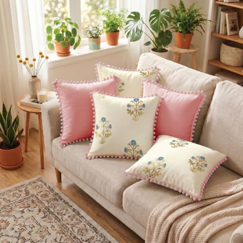 Image of Urban Space Cotton Cushion Cover Set of 5, 16 x 16 Inches, Decorative Throw Pillow Covers with Pom Pom, Printed Sofa Cushion Covers for Living Room, Home Decor (CC1, 40Cm x 40Cm, Set of 5)