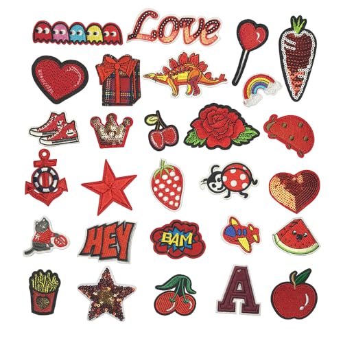 Libiline 30pcs Random Assorted Styles Embroidered Patch Sew On/Iron On Patch Applique Clothes Dress Plant Hat Jeans Sewing Flowers Applique DIY Accessory (Red, Mix)