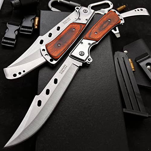 Madsabre Tactical Folding Knife With Rosewood Handle And Sheath,Foldable Long Blade 12.7-In Outdoor Pocket Edc Hunting Survival Tool, Big Blade Fishing Camping Knives Gifts For Men #TOP3