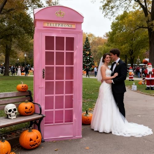 Full-Size Retro London Telephone Booth - Cast Iron British Phone Box for Home, Garden, Café, Bar, Vintage Decor & Photo Booth Backdrop for Weddings & Events, No Acrylic Included