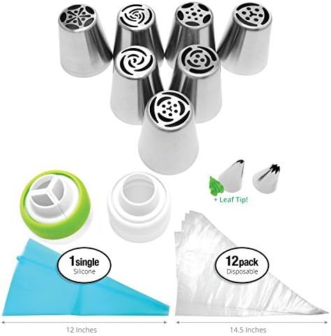 PROFESSIONAL Russian Piping Tips Set COMPLETE With LEAF tip, 24-Pieces For Cake and Cupcake Icing Decorating. Buttercream RECIPE & How-To VIDEOS. EASY Cleaning Stainless Steel + BONUS Cake Tip