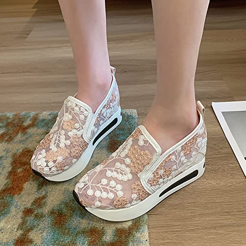 Women's Breathable Mesh Surface Platform Wedge Loafers,Summer Fashion Lace Print Orthopedic Flat Slip On Sneakers Walking Sandals (Pink,6,6) #TOP6