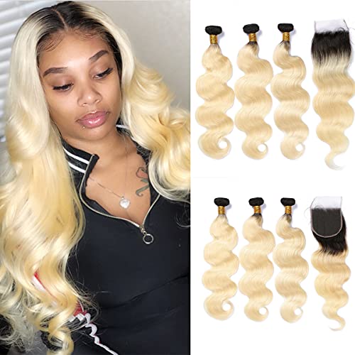 Guanyuwigs 8A Ombre #1B/613 Dark Roots Blonde Body Wave Brazilian Remy Virgin Human Hair Extensions 3 Bundles With Free Part 4x4 Lace Closure For Black Women (12with14 16 18, 1B613 Ombre)