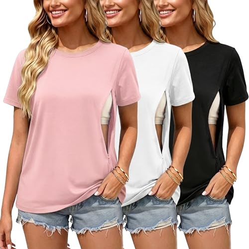 Love2Mi Lot de 3 t-shirts d'allaitement Blanc/Rose/Noir, XL, Femme, Col rond à manches courtes, Coupe régulière, Printemps Été