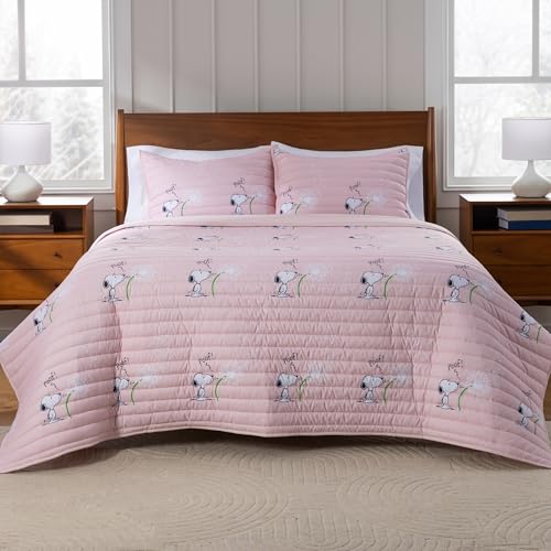 Berkshire Peanuts Microfiber Quilt Set Officially Licensed Snoopy & Woodstock Ultra Soft Lightweight Coverlet with 1 Sham All-Season Bedding for Bedroom(Twin/TwinXL Snoopy Make A Wish Pink)