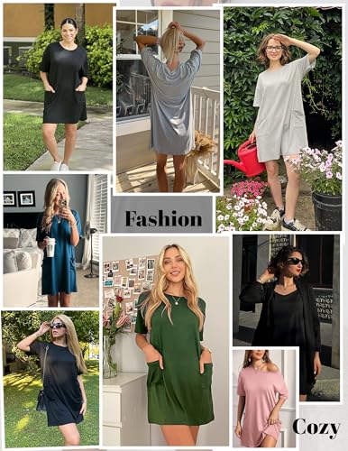 Image of Ekouaer Sleep Shirts for Women Nightgown Short Sleeves T shirt Night Dress Round Neck Womans Nightgown with Pocket S-XXL