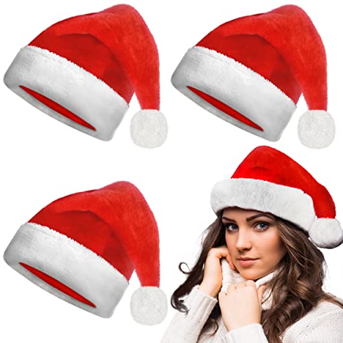 Algpty 3 Pack Santa Hats For Adult Christmas Hats | Unisex Extra Thicken Velvet Xmax Holiday Hats Bulk For Men And Women, Short Plush Santa Claus Hats For Adult Teenager Christmas Party Supplies #TOP8