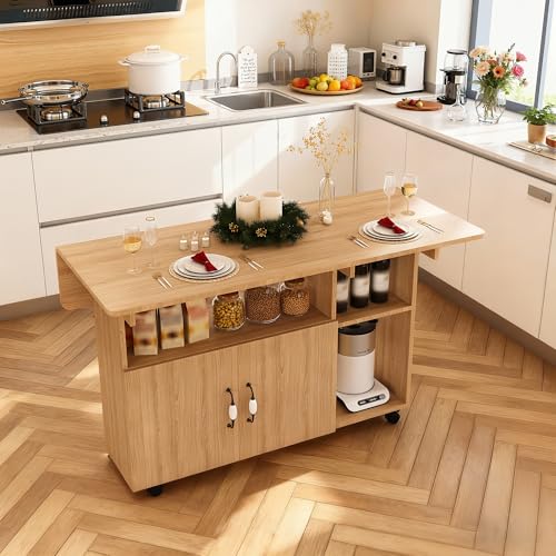 Casaphoria Foldable Kitchen Island Cart with Storage, Portable Rolling Cart with Drop Leaf & Locking Casters, 3-in-1 Mobile Island for Apartments and Small Kitchens, Walnut