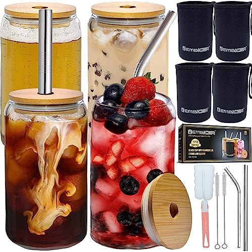 EMBICER Glass Cups with Lids and Straws, Set of 4 – 16oz Drinking Glasses with Bamboo Lids & Neoprene Sleeves - for Iced Coffee Glasses, Beer Can Glass, Soda, Boba Tea, Coffee Bar Accessories, Gift