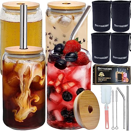 Embicer Glass Cups With Lids And Straws, Set Of 4 – 16Oz Drinking Glasses With Bamboo Lids & Neoprene Sleeves - For Iced Coffee Glasses, Beer Can Glass, Soda, Boba Tea, Coffee Bar Accessories, Gift #TOP23