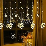 Stern Lichterkette Lichtervorhang, 138 LED Warmweiß Mond Sternenvorhang 2 Blinkende Mode für Innen Außen Kinderzimmer Schlafzimmer Party, Hochzeit,Garten, Balkon Deko, 2.5m x 1 m