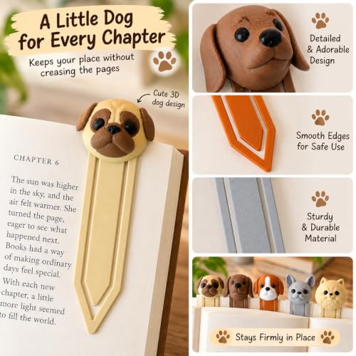 Image of 5 Pack Cute Dog Bookmarks, Unique 3D Page Markers for Readers & Gifting