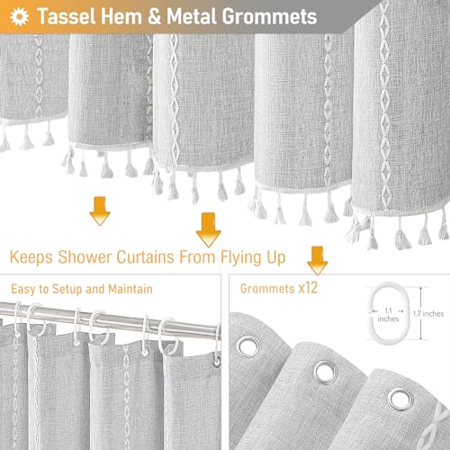 BTTN Extra Long Shower Curtain - 72x90 Inch Striped Boho Linen Fabric Heavy Duty Shower Curtain Set with Plastic Hooks, Modern Bohemian Farmhouse Luxury Tassel Cloth Shower Curtains for Bathroom, Grey