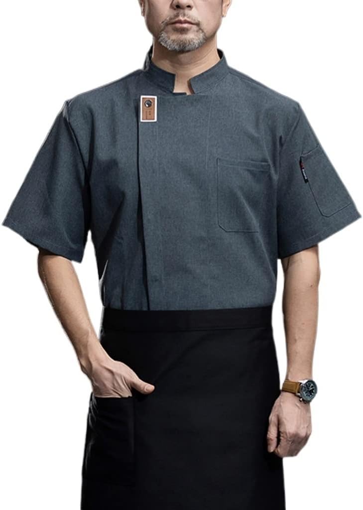 Chef Clothes Men's Short Sleeve Sleeve with Breathable Mesh Apparel Simple and Generous Chef Coat (Color : Gray, Size : X-Large)