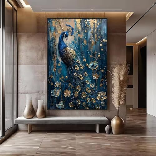 Peinture texturée paon bleu 30x45cm affiche art mural sans cadre décoration salon