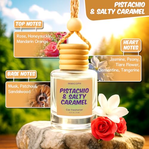 INWICOPH Premium Car Air Freshener Diffuser Set (2 Pack) - Pistachio & Salty Caramel Fragrance Oil, 45+ Day Long-Lasting Hanging Auto Freshener