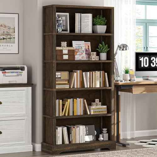 TVU 5-Tier Solid Wood Book Shelf, Floor Standing Bookcase, 65" H × 31.5" W × 11.8" D Bookshelf, Farmhouse Style Book Case with Arched Base, Suitable for Living Room, Study, Office, Walnut by TVU - Image 3