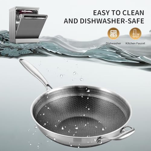 LOLYKITCH 13-inch Nonstick Wok & Stir-fry Pan with Lid, Induction Compatible, Tri-ply Stainless Steel Ceramic Coating Cookware, Perfect for Stir-frying, Sauté, and Simmering, Dishwasher and Oven Safe - Thumbnail 4