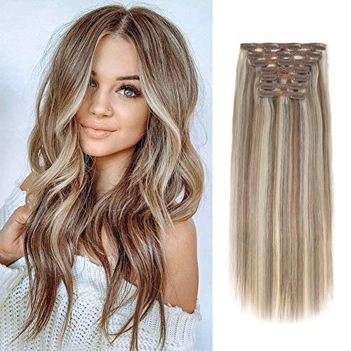 Lovrio 9A Grade Clip in Hair Extensions Human Hair, Piano Color Ash Brown/Light Chestnut Brown Fading to Platinum Ash Blonde P8/60, Silky Straight Invisible Hair 18 inch 120g 7 pieces 18 clips