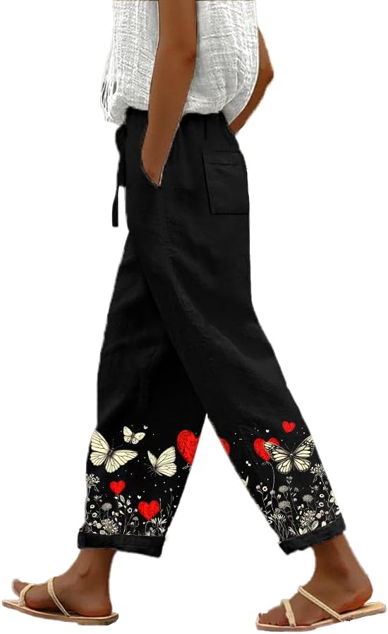 Linen Boho Pants for Women Butterfly Print Loose Casual Pants with Pockets Comfy Elastic Waist Lightweight Trousers