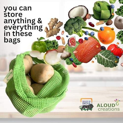 ALOUD CREATIONS 6Pc 100% Cotton Fridge Storage Bags | Eco-Friendly Vegetable Bags For Fridge With Lock | Multipurpose Breathable Mesh Net Reusable Fridge Storage Covers (Neem Green),Drawstring