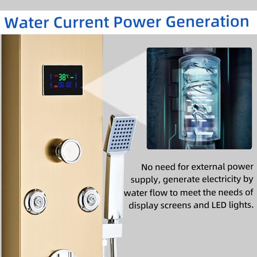 Image of LED 5-in-1 Shower Panel Tower System,Brushed Gold