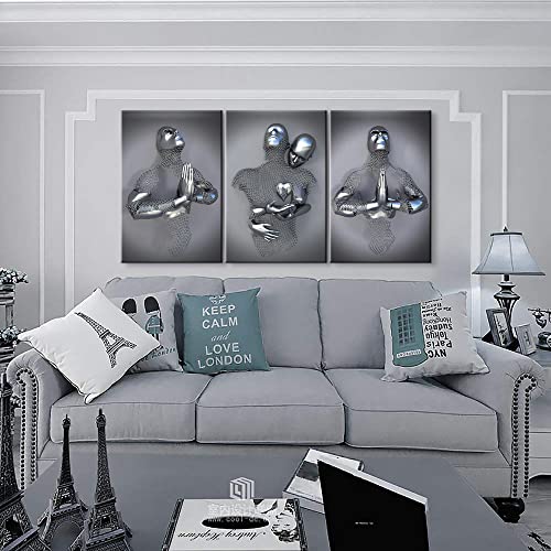 3 Piece Love Heart 3D Effect Wall Art Figure Statue Sculpture Praying & Hugging Canvas Print 3D Wall Art Couple Bedroom Wall Art Framed Love Wall Art For Bedroom Living Room Hotel Decor (12''Wx16''Hx3Pcs) #TOP2