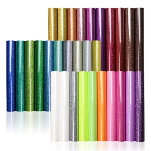 Glitter Heat Transfer Vinyl 30-Color Pack, 12"x10" Perfect for T-Shirts, Bags & Shoes | Compatible with All Cutter Machines | Easy to Cut, Weed & Apply | Durable, Washable & Long-Lasting Designs
