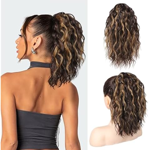 SEIKEA Ponytail Extension, 14" Short Wavy Drawstring Ponytail Lightweight Multi Layered Fake Pony Tails Hair Extensions Clip in Hair Extensions Ponytail Chocolate Brown with Caramel Blonde Highlights Cover