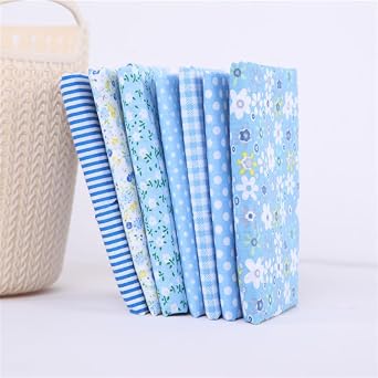 7Pcs Top Blue Cotton Craft Fabric Bundle Squares Patchwork DIY Sewing Scrapbooking Quilting Floral Dot Pattern Craft and Hobby Fabric 10" x 10" 25cm x 25cm
