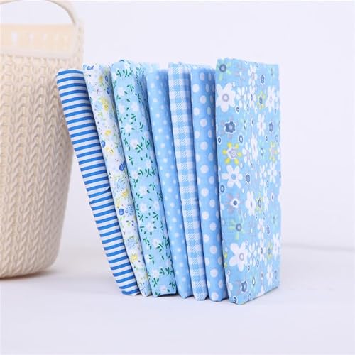 7Pcs Top Blue Cotton Craft Fabric Bundle Squares Patchwork DIY Sewing Scrapbooking Quilting Floral Dot Pattern Craft and Hobby Fabric 10\" x 10\" (25cm x 25cm)