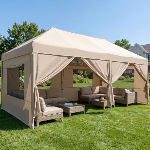 Yarvanta 10x20 Pop up Canopy Tent with Sidewalls & Mesh Window Beige