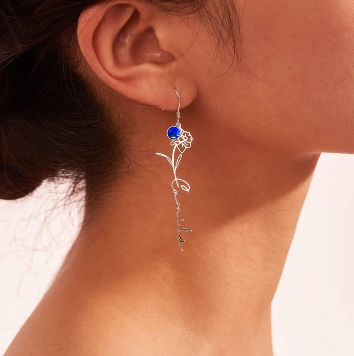 Birth Flower Name Earrings Personalized 18K Gold Plated Birth Month Flower Earrings Dainty Floral Pendant Jewelry Mothers Birthday Gift for Women (Birth Flower Earrings with Birthstone)