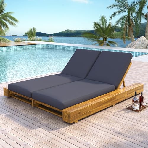 Christopher Knight Home Zoe Spacious Double Acacia Wood Chaise Lounge Chair Outdoor, 4 Position Adjustable Backrest Pool Lounger, Outdoor Chaise Lounge with Cushion, Poolside Seating, Teak + Dark Grey