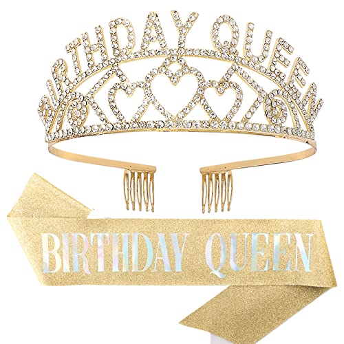 CAVETEE Gold Birthday Queen Rhinestone Tiara and Sash- Birthday Tiara and Sash Birthday Party Favors Glitter Birthday Decorations for Women(Multi Color Letter)