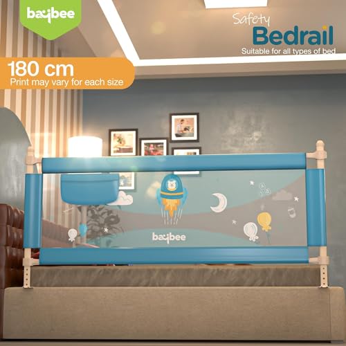 Image of BAYBEE Baby Bed Rails Guard (180Lx63H cm) Bedrail for Baby Kids Safety, Portable Bed Rail Falling Protector Fence with Adjustable Height, Foldable Beds Rail for New Born Babies, Pack of 3, (Blue)