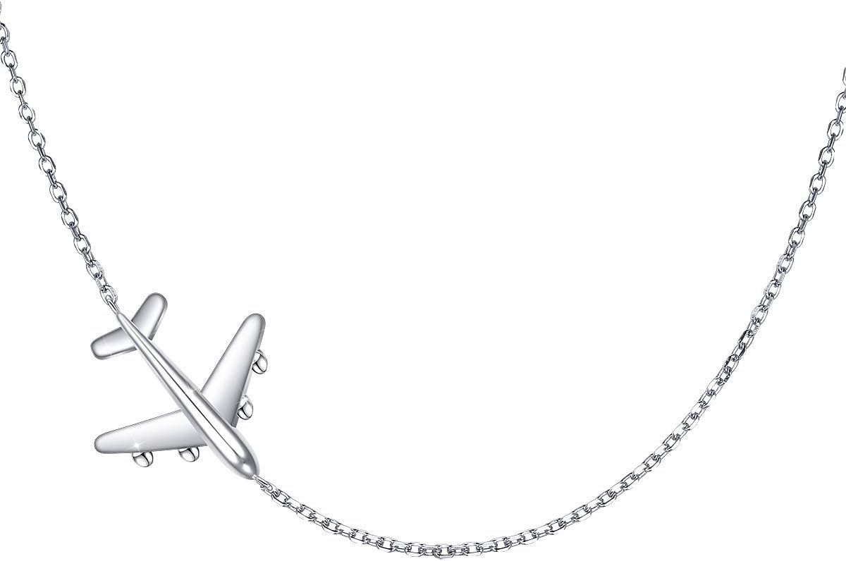 Airplane Sideways Choker Necklace S925 Sterling Silver Aircraft Jelwery Adjustable Clavicle Necklace 15+3 Inch for Women Lady, Best Gifts for Stewardess Flight Attendants